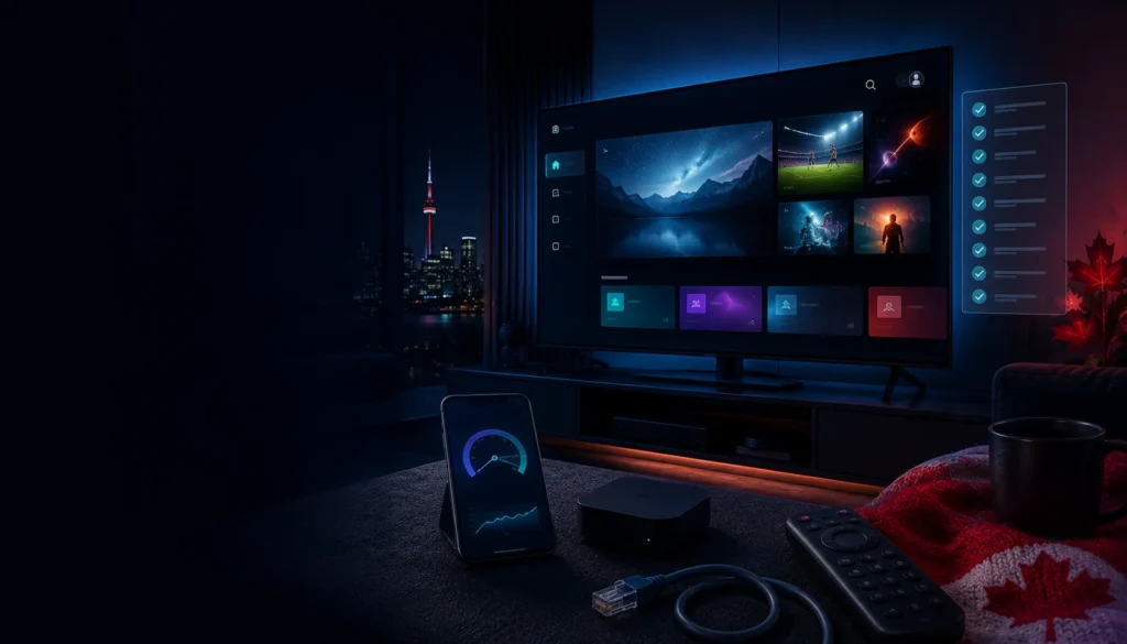 Testing an IPTV free trial in Canada on a Smart TV with internet and device checks